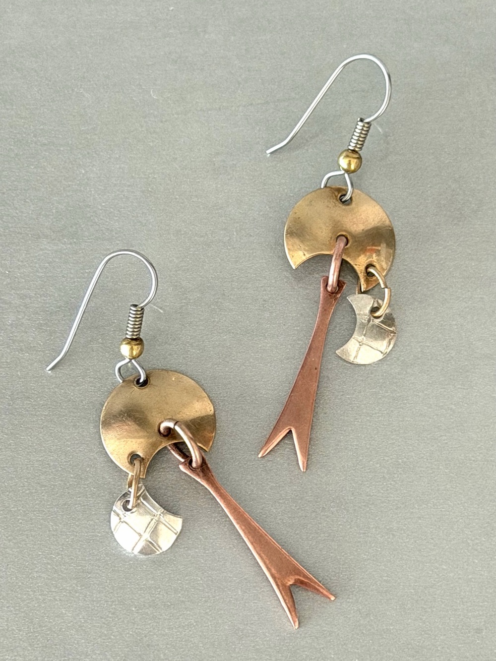 Unique Handcrafted Mixed Metal Artisan Earrings, Brass, Copper, Silver